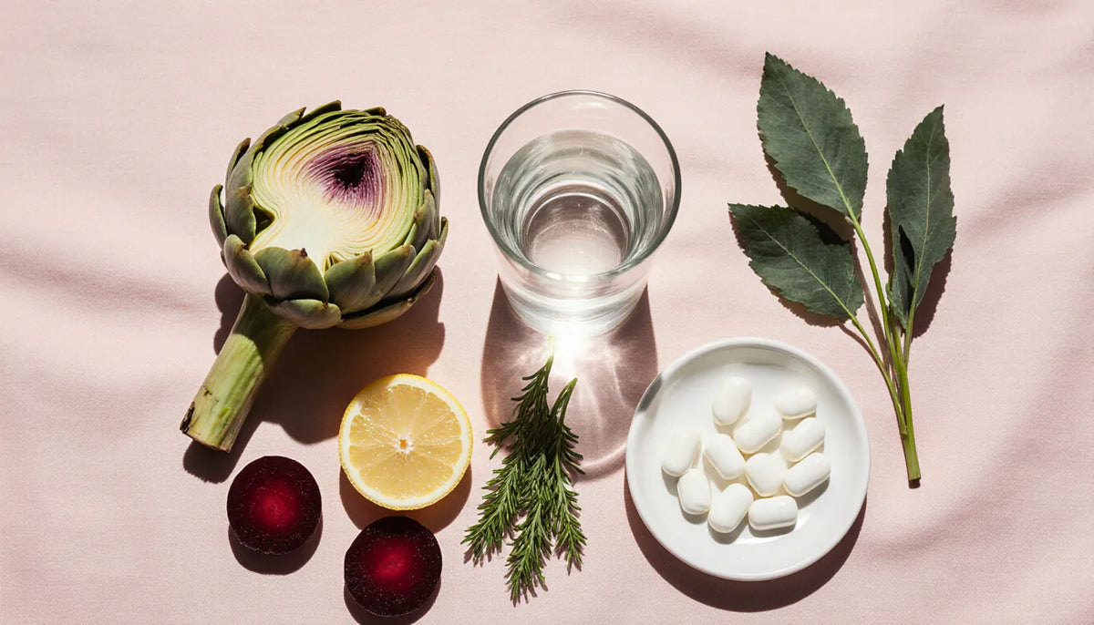 Artichoke, lemon, beetroot, fresh herbs and a glass of water beside a dish of TUDCA capsules
