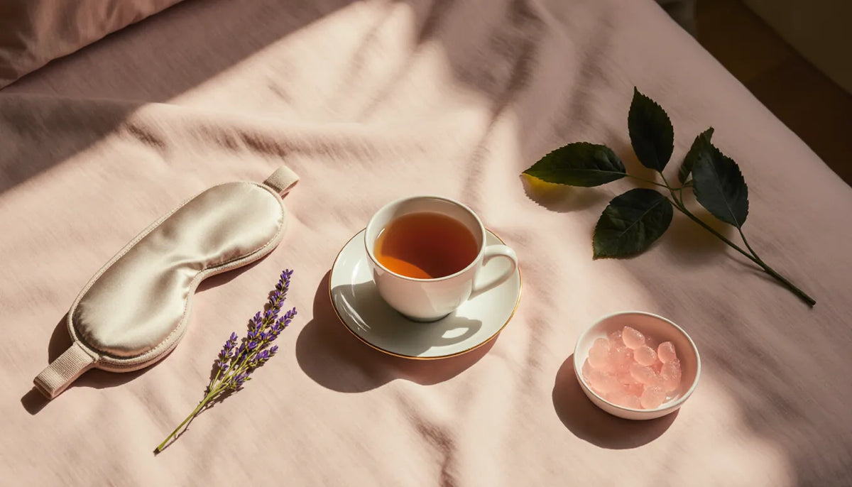 Evening wind-down routine with chamomile tea, lavender, a silk eye mask and a dish of sleep gummies on pink bedding