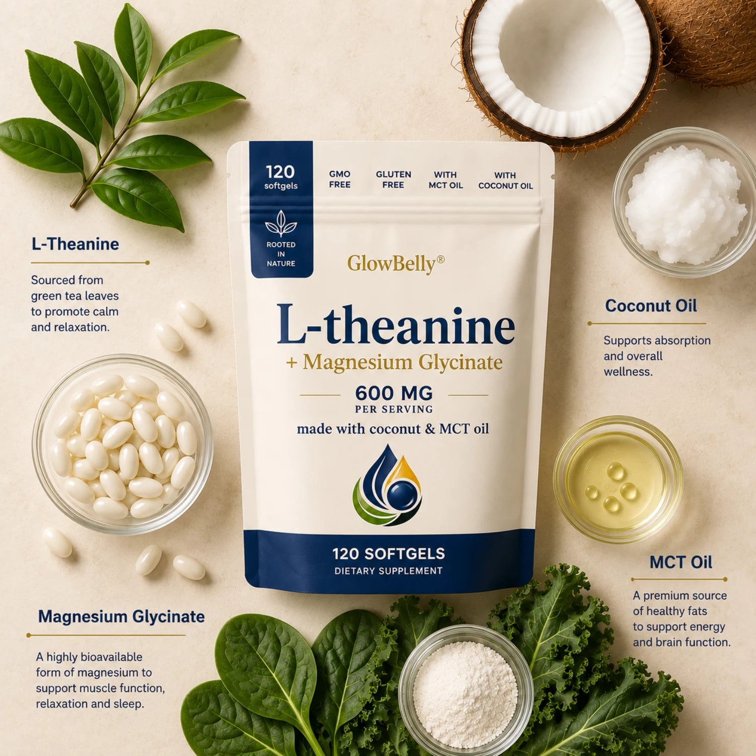 L-theanine + Magnesium Glycinate 120 Softgels