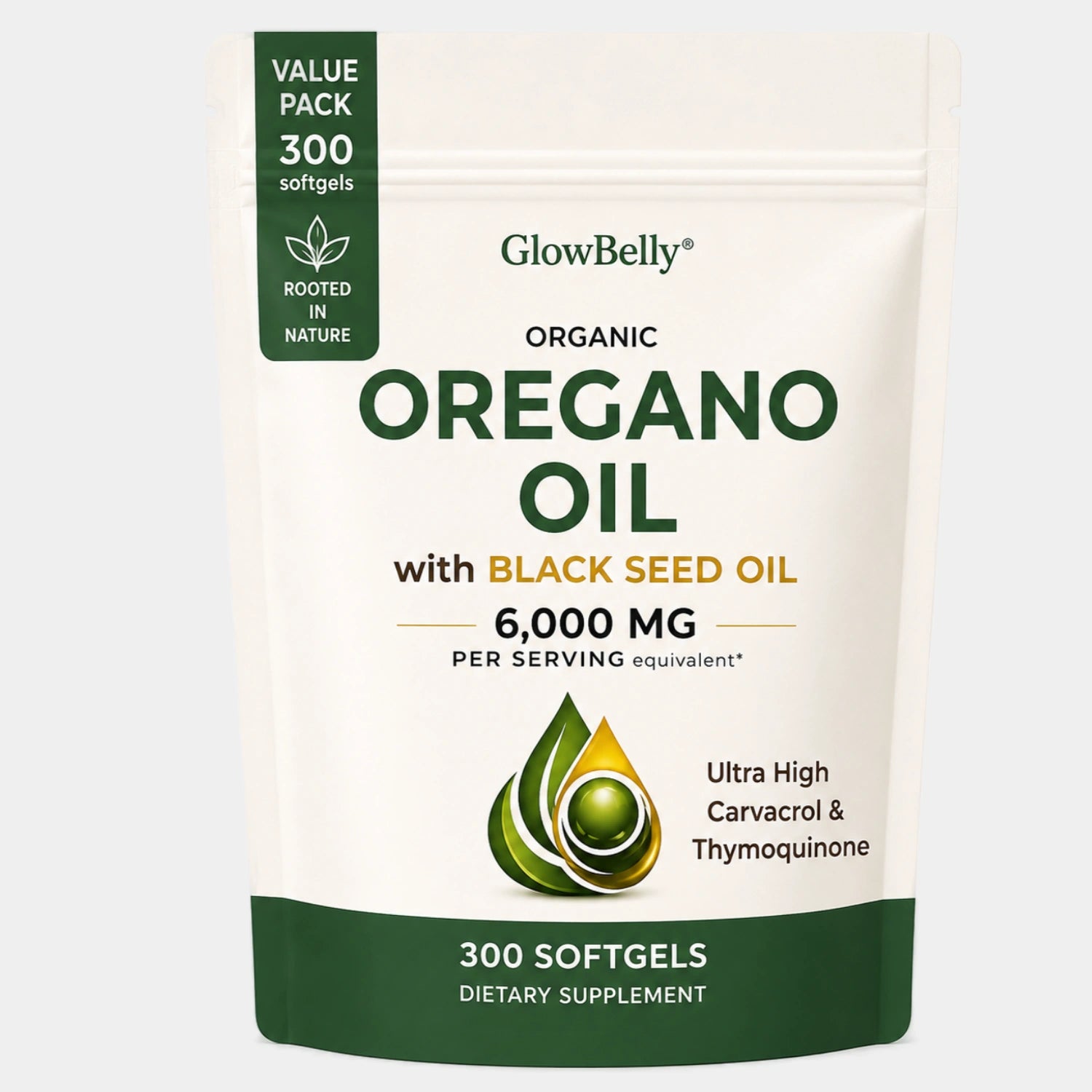 GlowBelly Oregano Oil 6000mg with Black Seed Oil 300 Count bottle