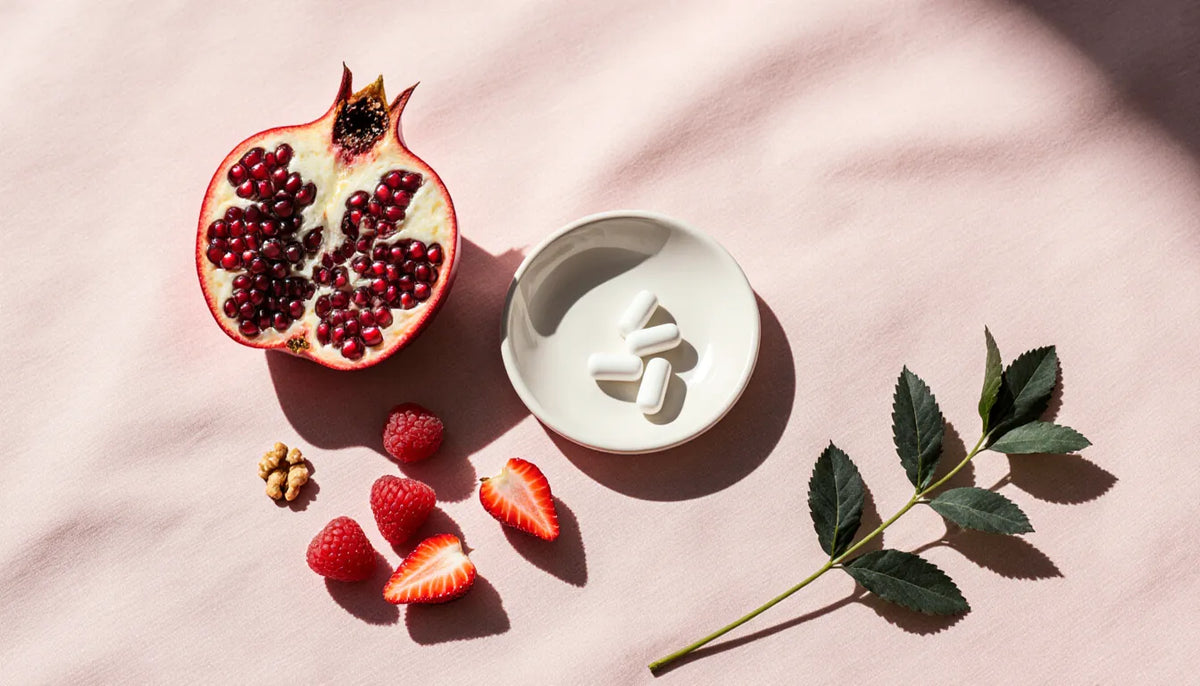 Pomegranate, raspberries, strawberries and walnuts, natural sources of ellagitannins, beside a dish of Urolithin A capsules