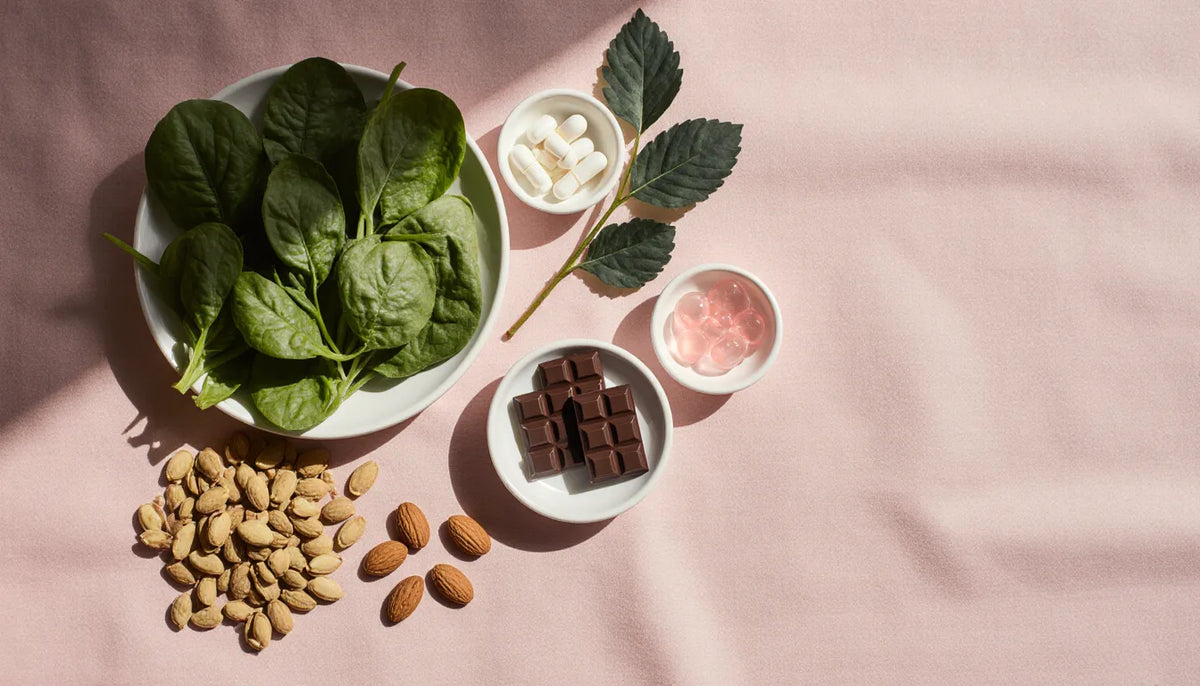 Magnesium-rich foods including spinach, almonds, seeds and dark chocolate beside magnesium capsules, softgels and gummies