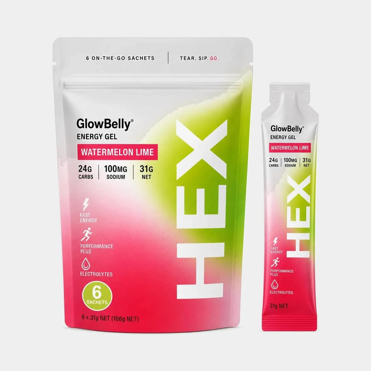 GlowBelly Hex Honey Energy Gel 6-pack pouch and single sachet, Watermelon Lime