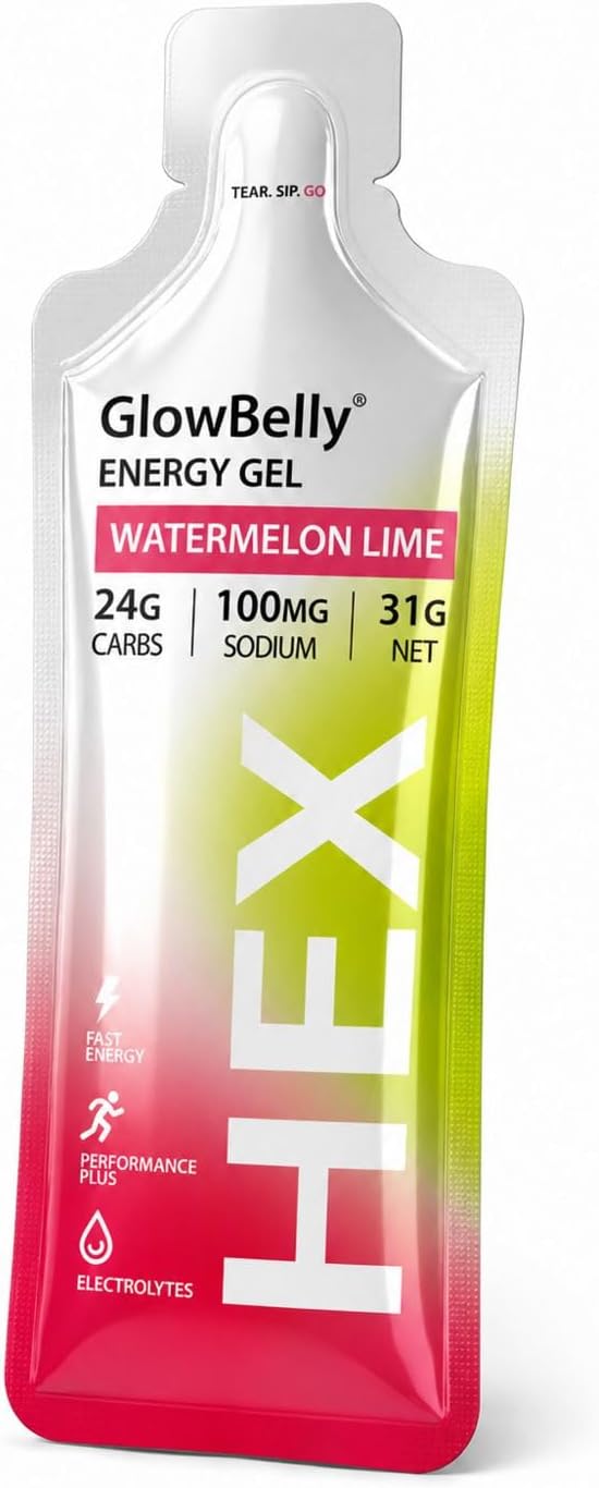 Front of a GlowBelly Hex Watermelon Lime energy gel sachet