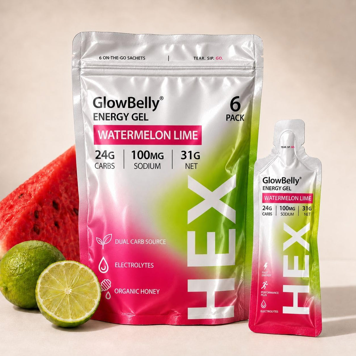 Hex 6-pack pouch and sachet beside a slice of watermelon and half a lime