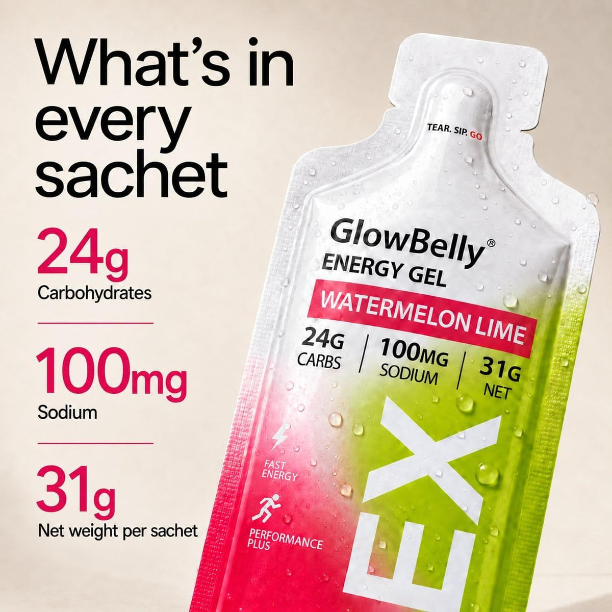 Hex sachet with 24g carbohydrates, 100mg sodium and 31g net weight