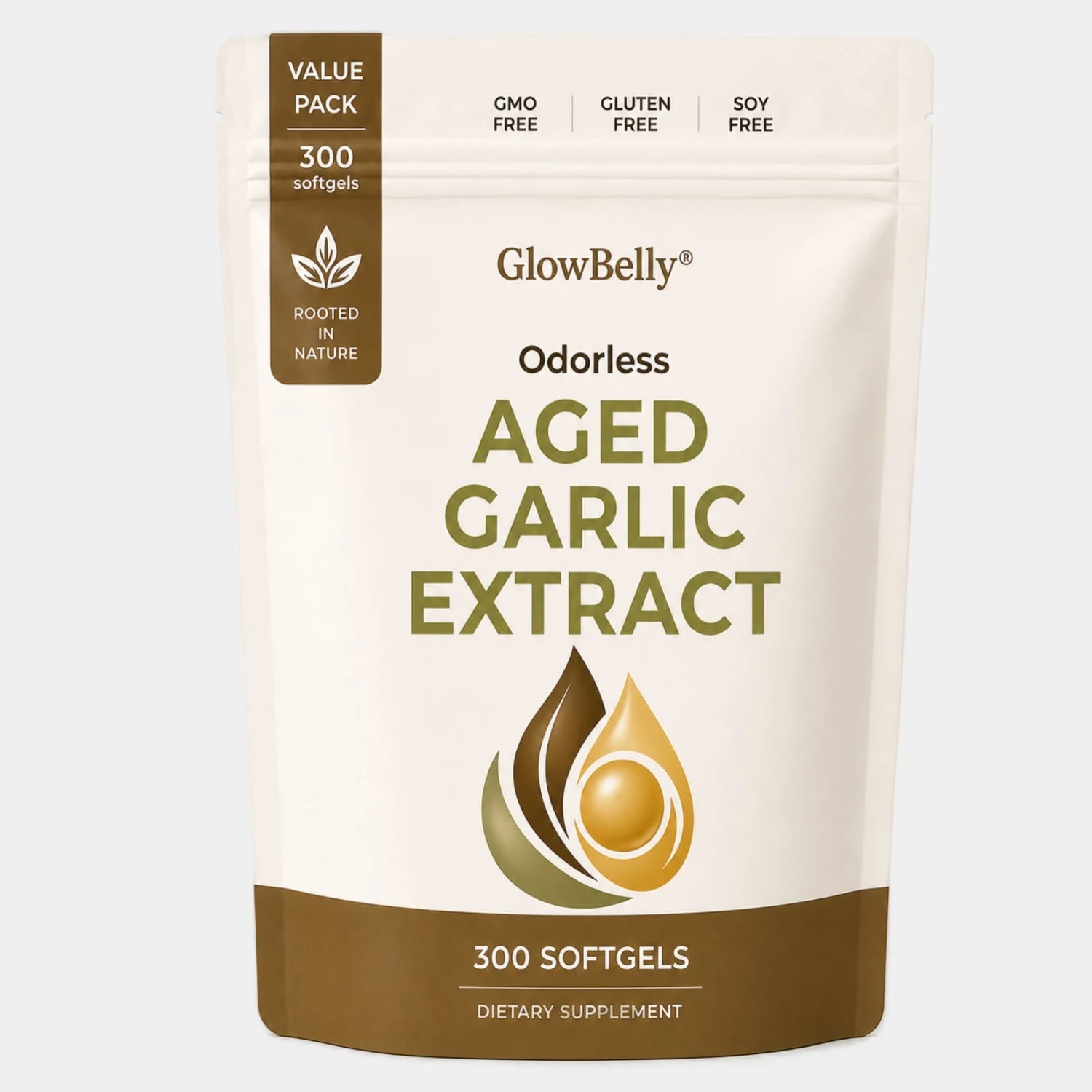 GlowBelly Odorless Aged Garlic Extract supplement bottle