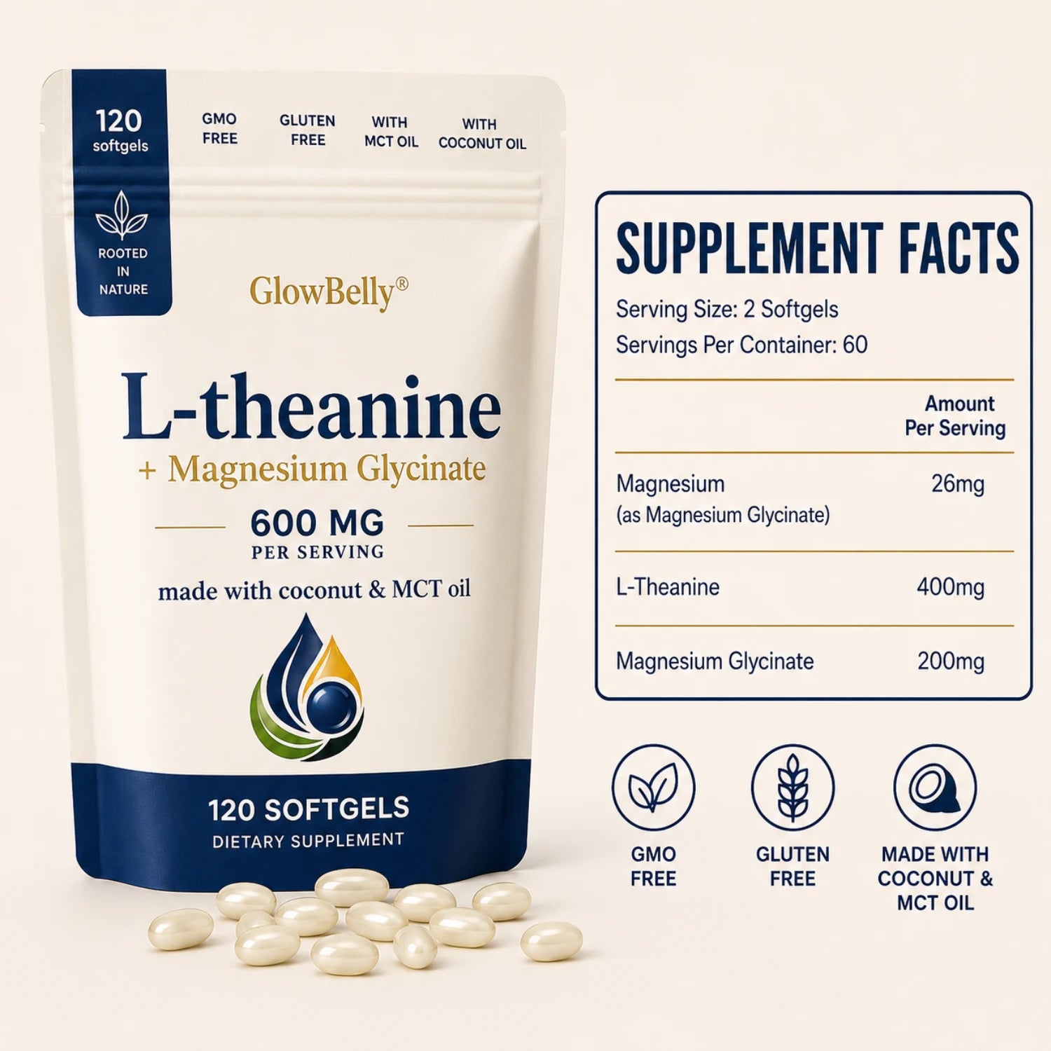 L-theanine + Magnesium Glycinate 120 Softgels