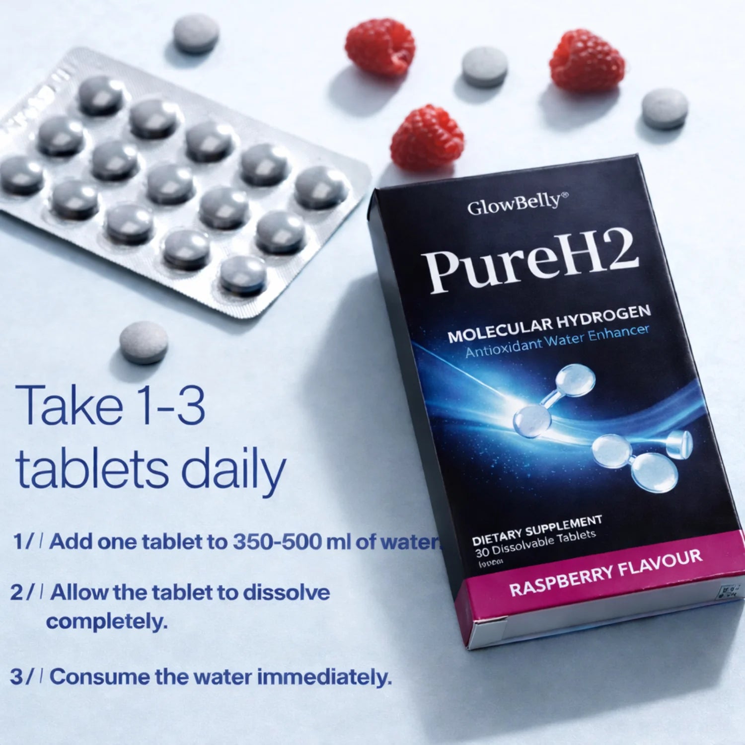 Molecular Hydrogen Tablets H2 Water Enhancer - Raspberry Flavour