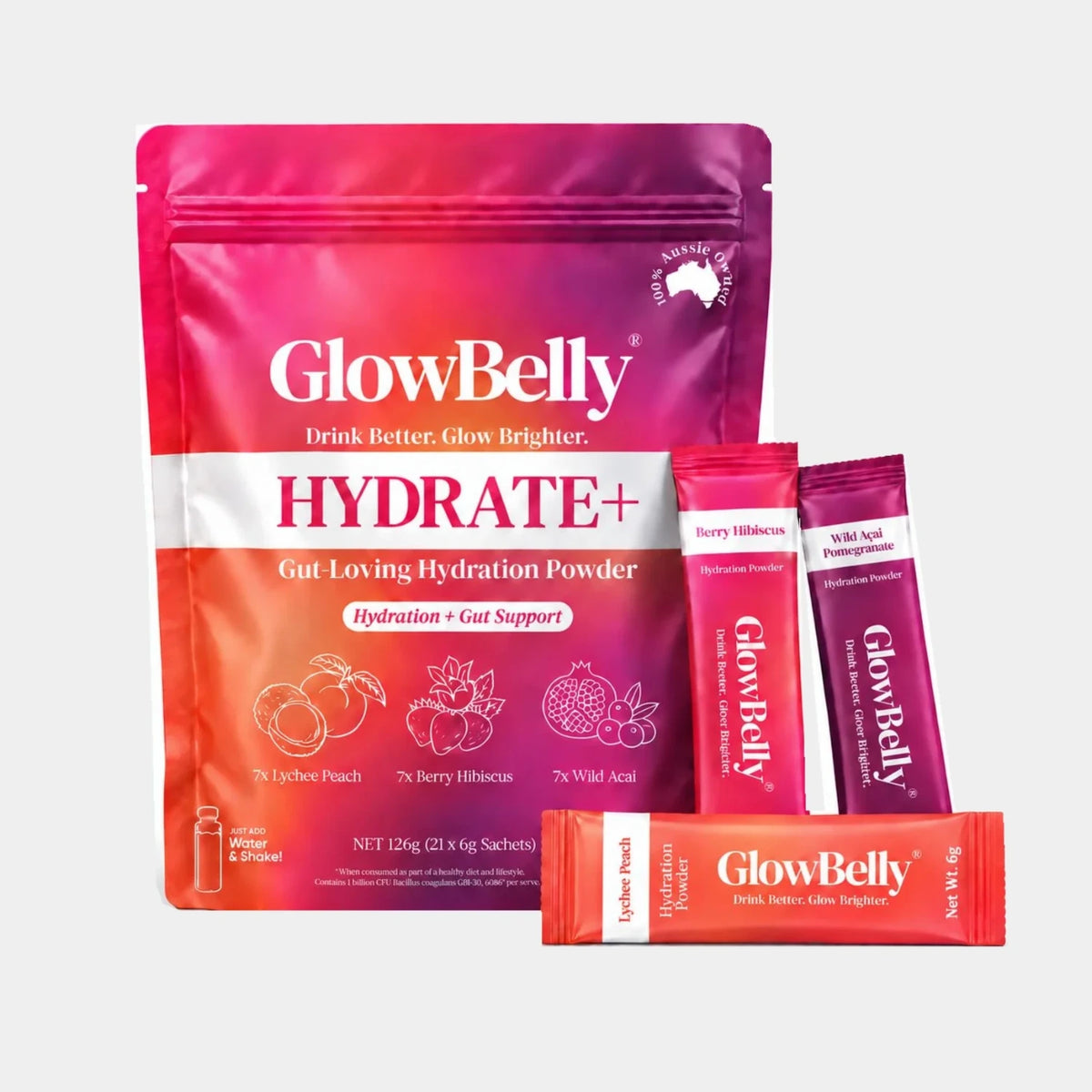 GlowBelly Hydrate+ Variety Pack with Wild Açaí, Berry Hibiscus and Lychee Peach gut-loving hydration sachets