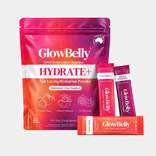 GlowBelly Hydrate+ Variety Pack with Wild Açaí, Berry Hibiscus and Lychee Peach gut-loving hydration sachets