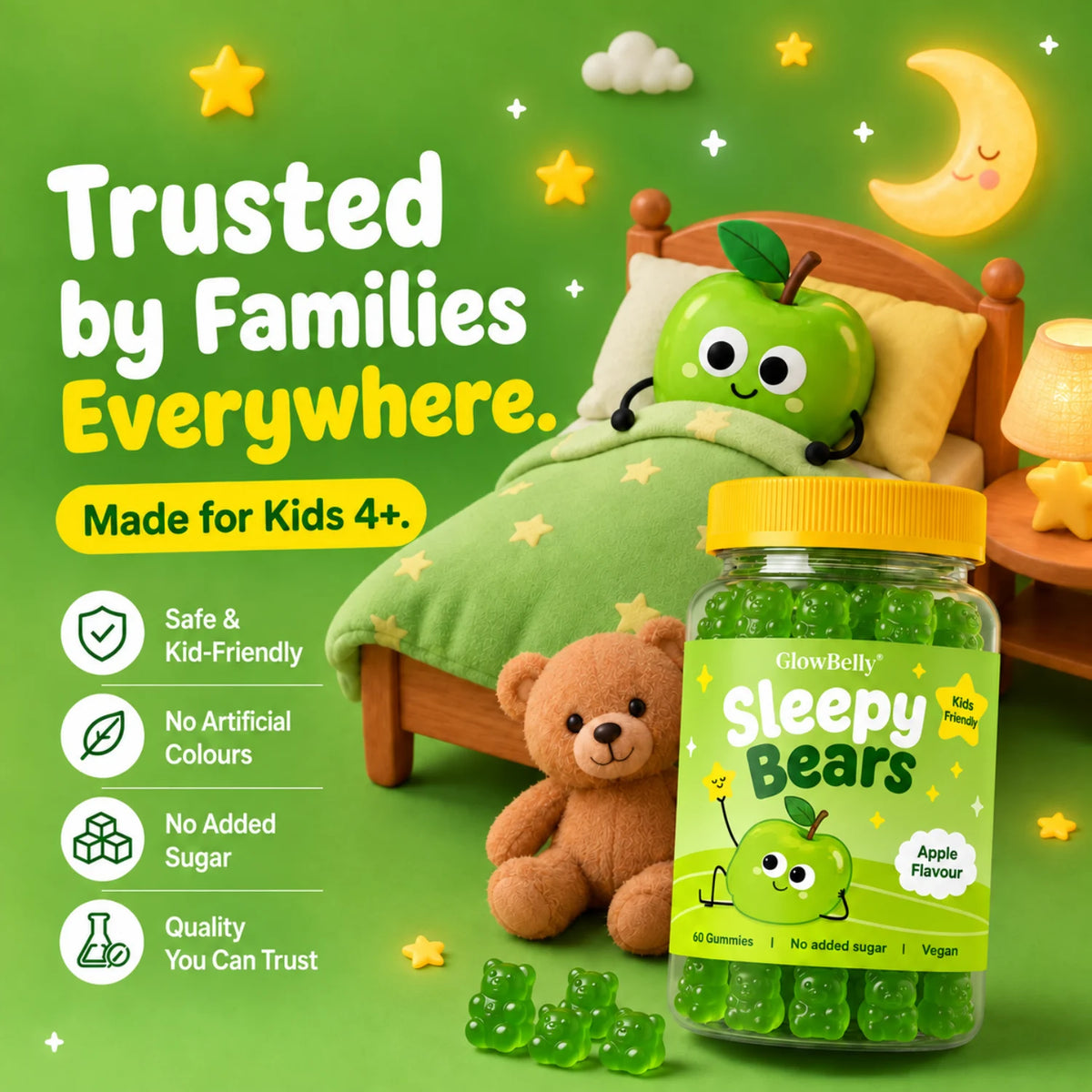 GlowBelly Sleepy Bears Kids Magnesium Gummies Apple, image 6