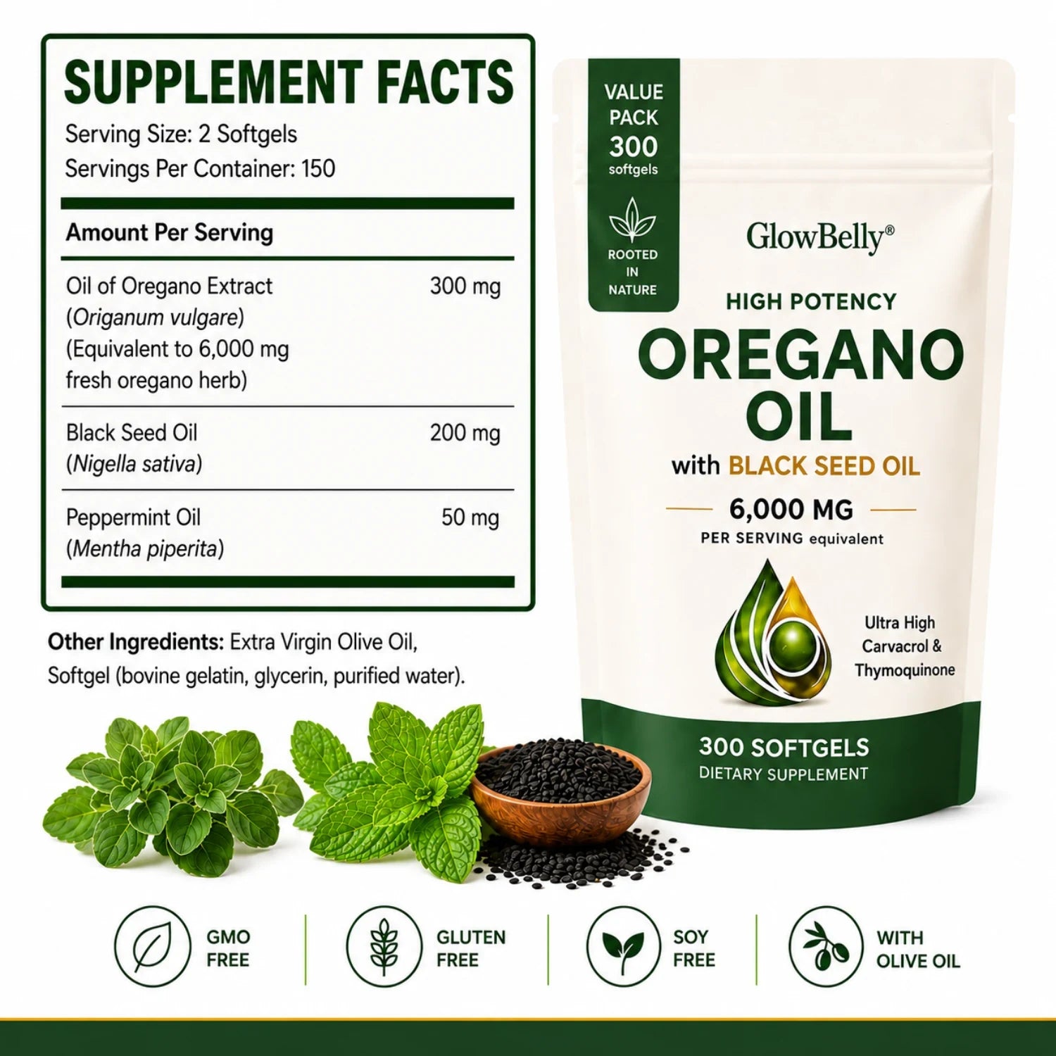 Oregano Oil with Black Seed Oil - 300 Softgels